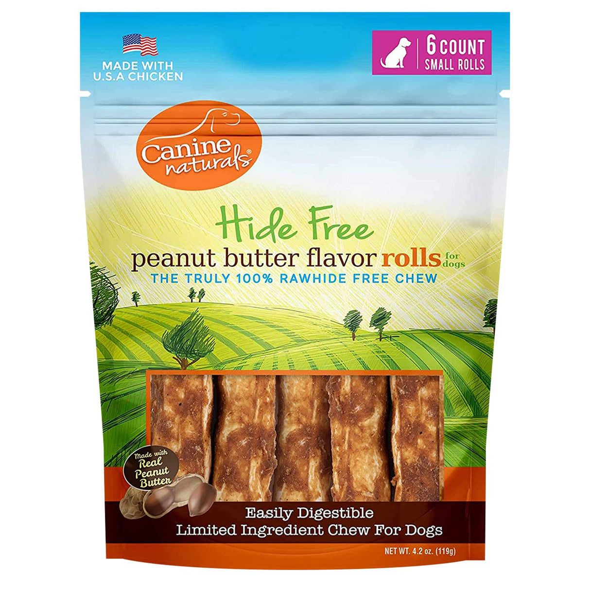 Canine Naturals Hide Free Peanut Butter Flavour Rolls Dog Treats 6 cm - 6 Pack