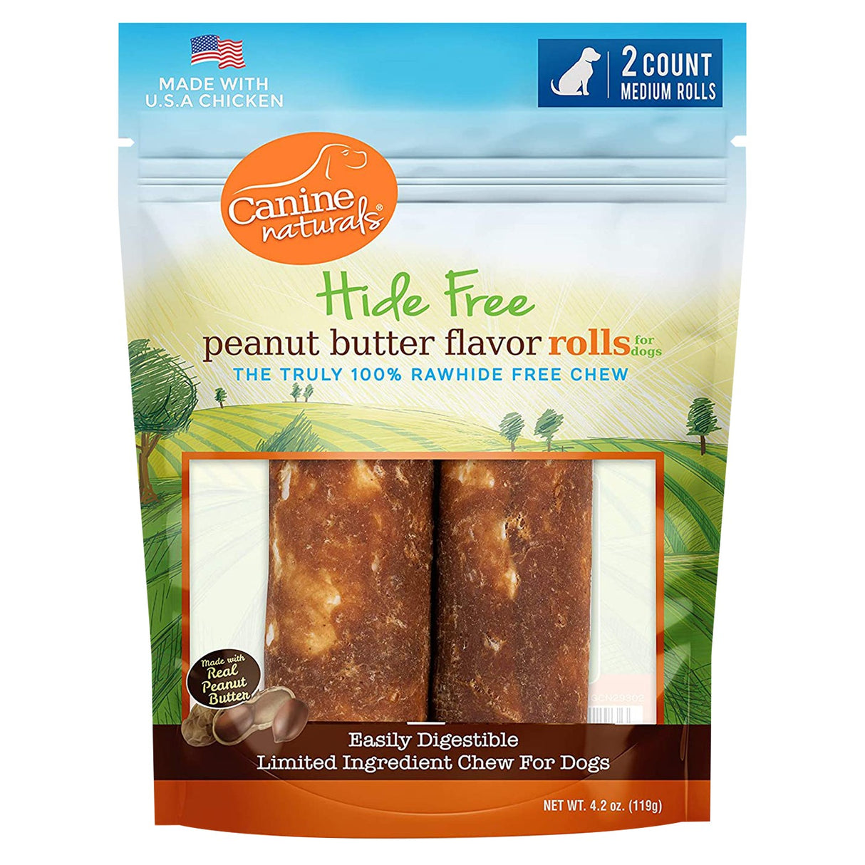 Canine Naturals Hide Free Peanut Butter Flavour Rolls Dog Treats 10 cm - 2 Pack