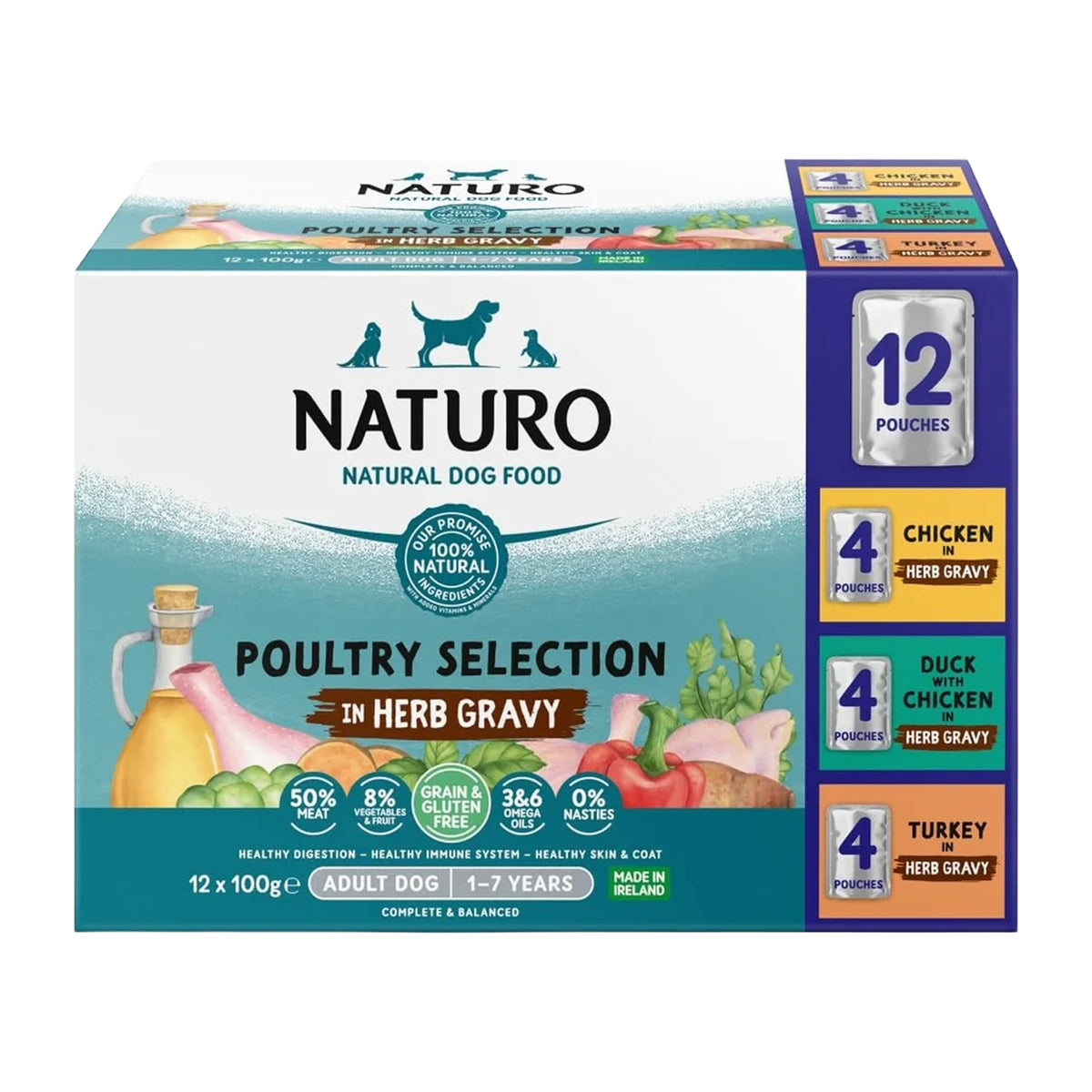 Naturo Canine Variety Pack Grain and Gluten Free Chicken/Duck/Turkey in Herb Gravy Dog Food Tray 390 g - Pack of 12