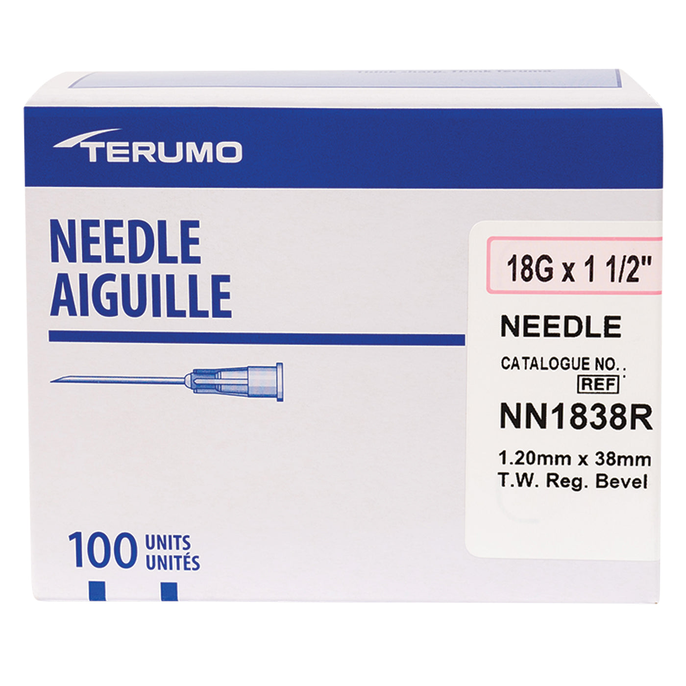 Aiguille Terumo calibre 18 x 3,8 cm - Boîte de 100