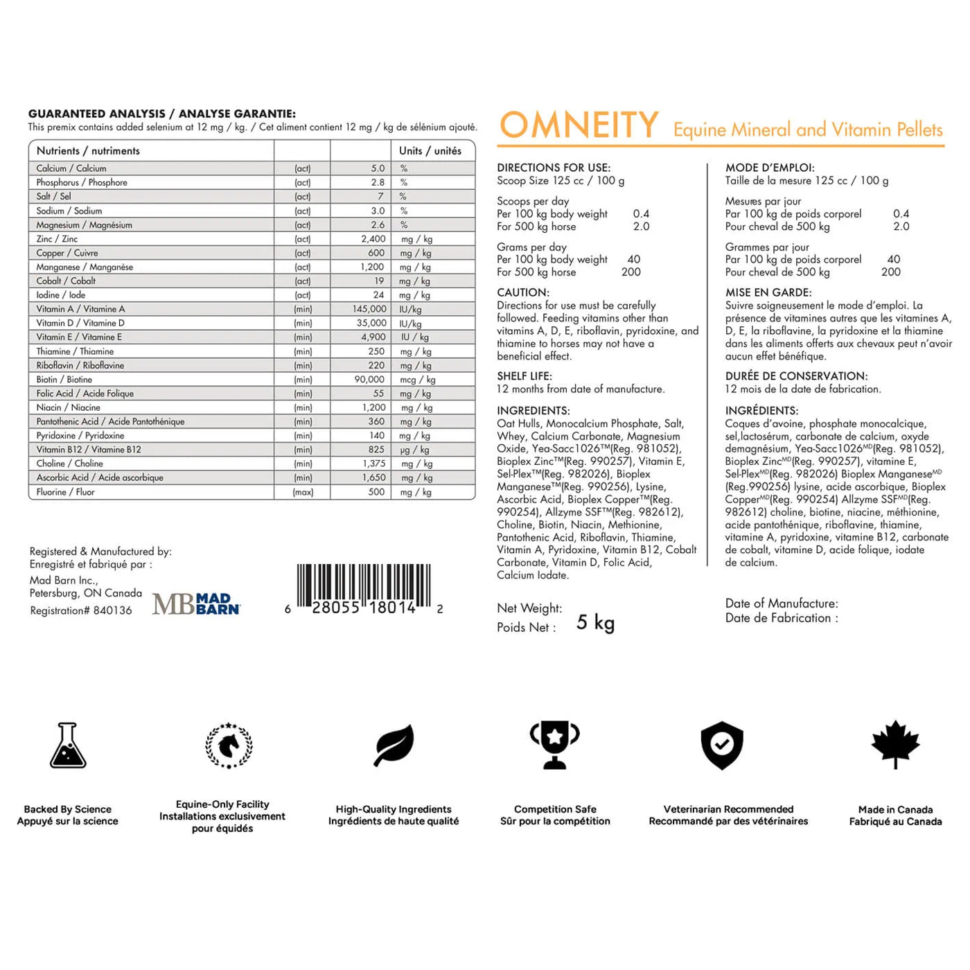 Granulés de vitamines et minéraux pour équidés Mad Barn Omneity 5 kg