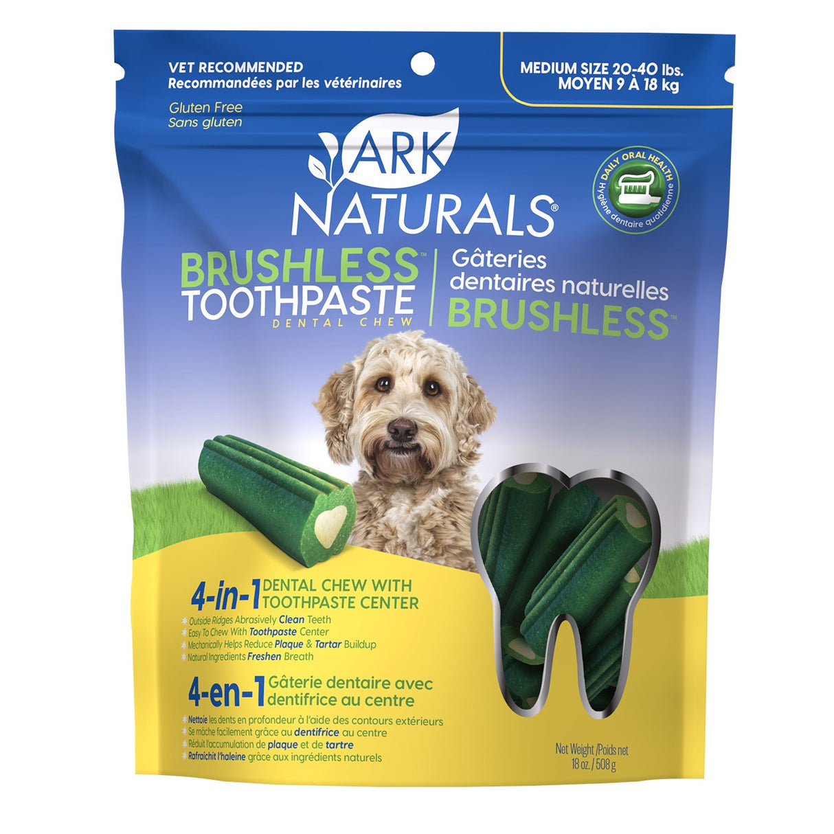 Ark Naturals Dentifrice sans balais à mâcher pour chien moyen 18 oz.