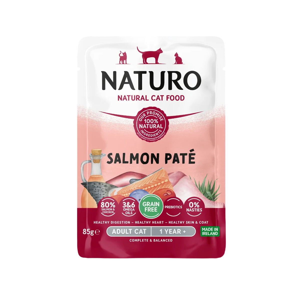 Pâté pour chat Naturo Feline sans céréales au saumon, sachet de 85 g