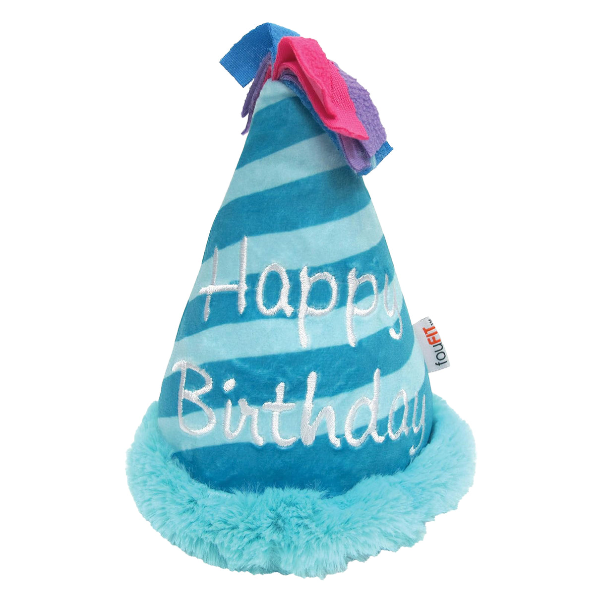Jouet en peluche froissé bleu pour chien avec chapeau d'anniversaire Fou Fou Brands