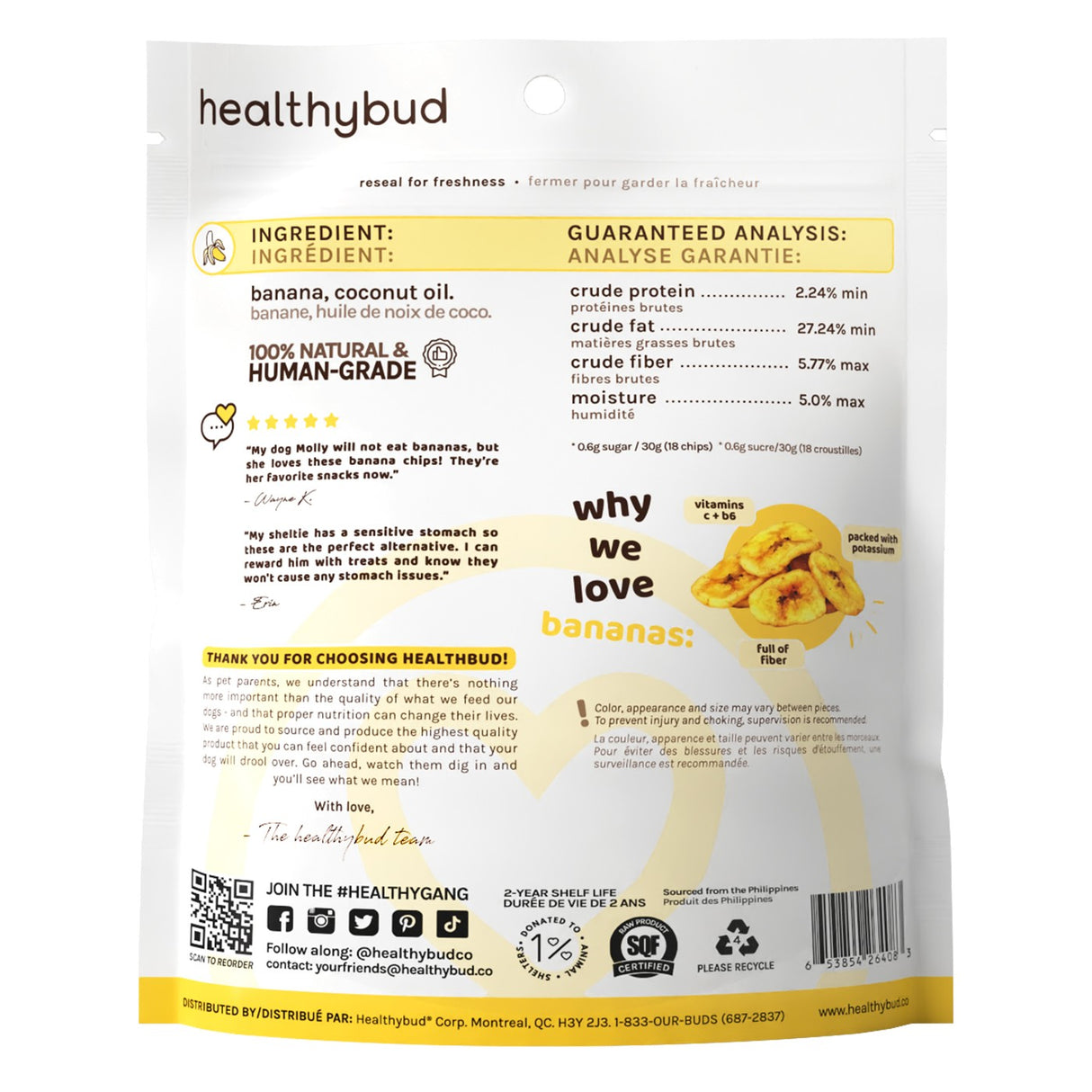 Gâterie pour chien aux chips de banane Healthybud 5,3 oz.